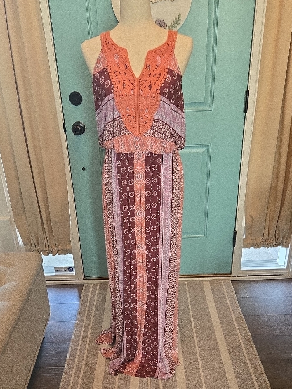 Skies Are Blue Feebee Crochet Detail Knit Maxi Dress, size L, multi-color